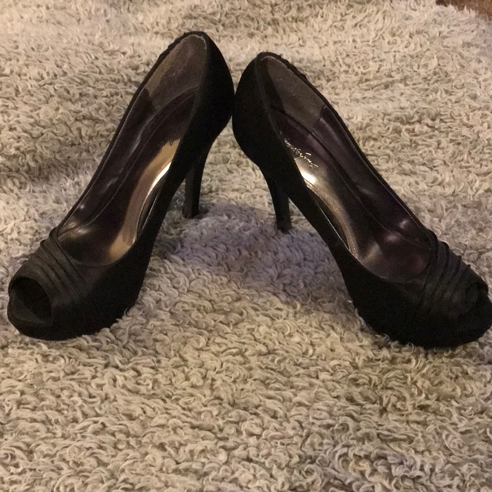 Black satin peep toe heels